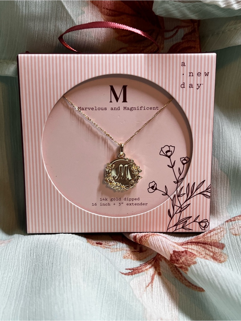 a new day Gold 'M' Initial Pendant Necklace in Pink Gift Box